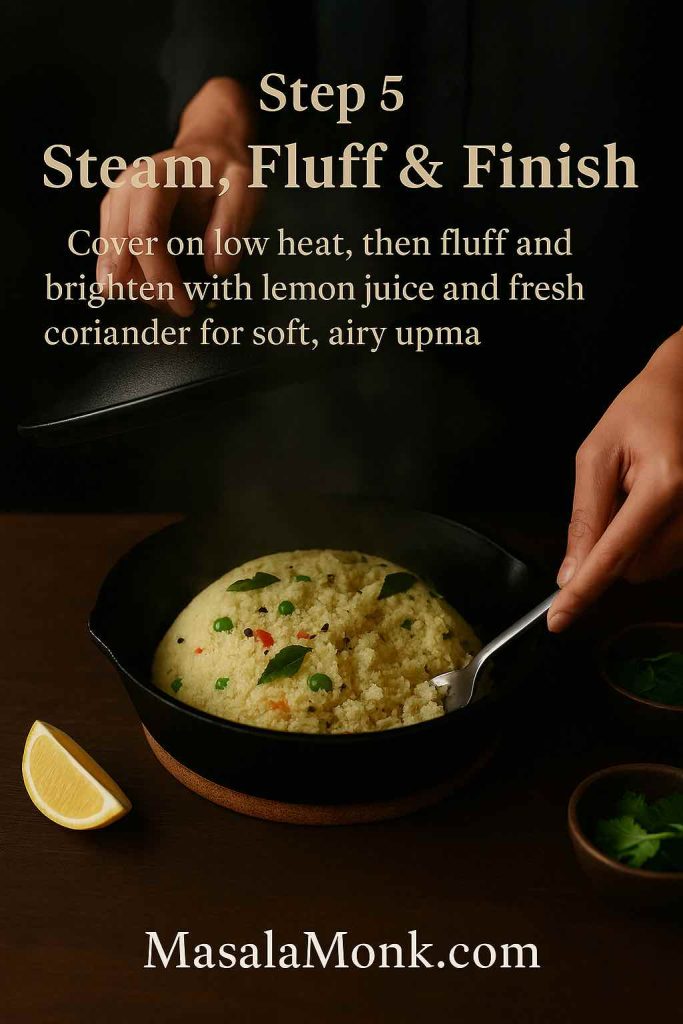 Step 5 of the rava upma recipe showing a hand lifting the lid off a steaming skillet of fluffy upma while another hand fluffs it with a spoon, with lemon wedge and coriander nearby and text explaining to steam, fluff and finish with lemon and coriander.