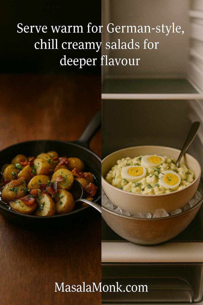 Side-by-side image of warm German-style potato salad with bacon in a skillet and a chilled creamy potato salad with egg slices in a bowl on ice, showing when to serve potato salad warm or cold.