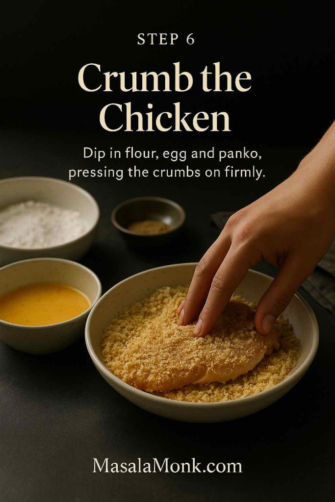 Hand pressing a chicken fillet into a bowl of panko breadcrumbs with bowls of flour and beaten egg beside it for chicken katsu.
