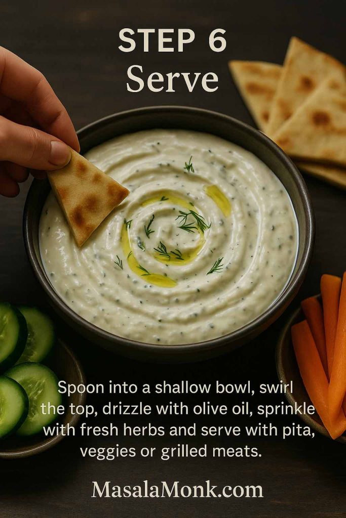 Step 6 of a Greek tzatziki sauce recipe showing a shallow bowl of creamy tzatziki swirled and drizzled with olive oil, garnished with fresh dill, with a hand dipping a pita wedge into the sauce and cucumber slices and carrot sticks arranged around the bowl.