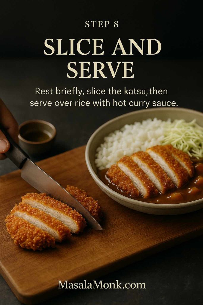 Sliced chicken katsu on a board next to a bowl of rice, curry sauce and cabbage, showing the final step of serving chicken katsu curry.