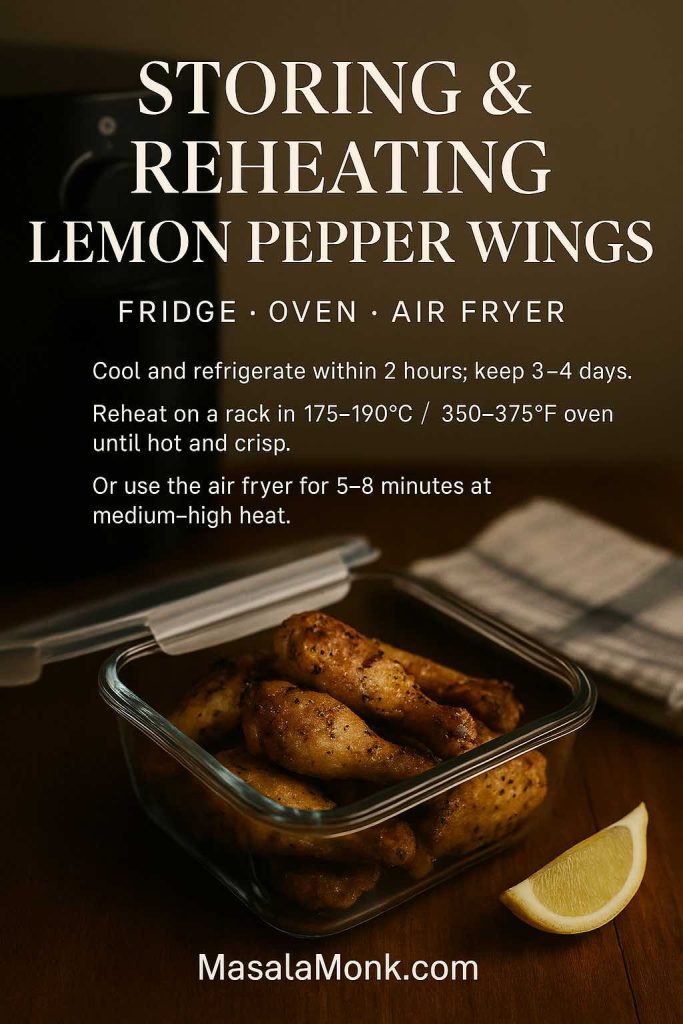 Portrait image showing cooked lemon pepper chicken wings in a glass container beside an air fryer, with text overlay explaining how to store them in the fridge and reheat in the oven or air fryer to keep the skin crispy.