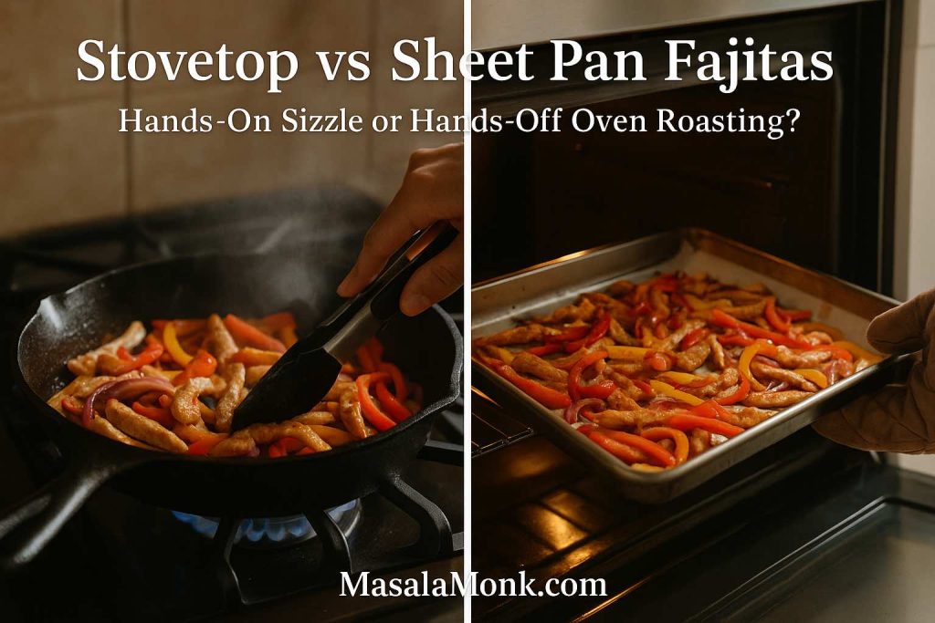 Side-by-side photo showing chicken fajitas cooking in a sizzling cast iron skillet on the stovetop on the left and a sheet pan of chicken fajitas being pulled from the oven on the right, with text Stovetop vs Sheet Pan Fajitas