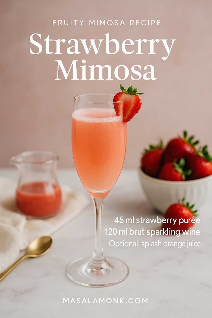 Strawberry mimosa recipe card with a blush pink Champagne flute cocktail made from 45 ml strawberry purée and 120 ml brut sparkling wine, garnished with fresh strawberries on an elegant brunch table, MasalaMonk.com branding.