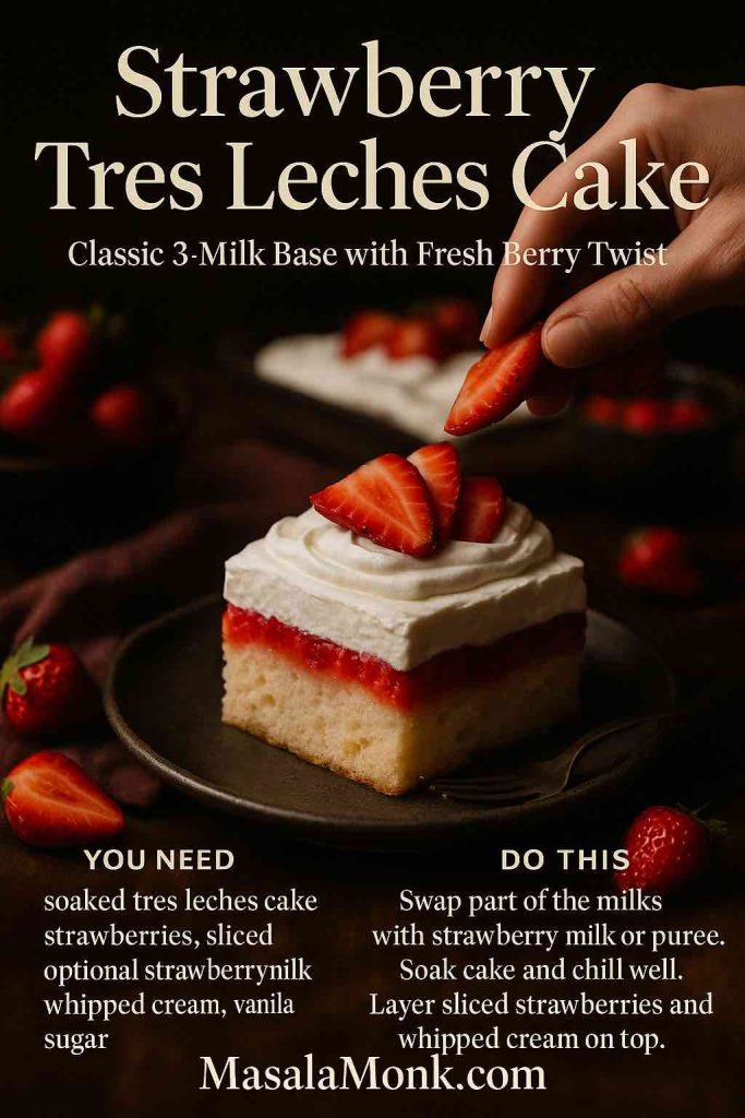 Dark and moody recipe card for Strawberry Tres Leches Cake, showing a slice of soaked three-milk sponge with a strawberry layer and whipped cream while a hand places fresh strawberry slices on top, with text listing key ingredients and simple instructions