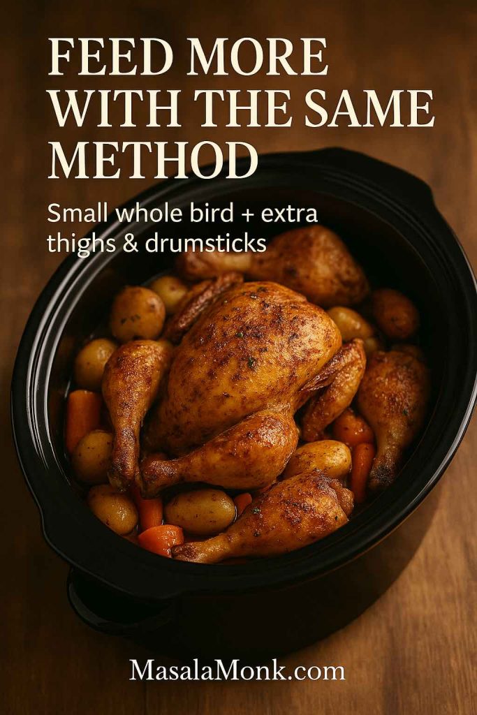 Black slow cooker filled with a small whole roasted chicken surrounded by extra thighs and drumsticks over potatoes and carrots, showing how to stretch a crock pot whole chicken with additional pieces.