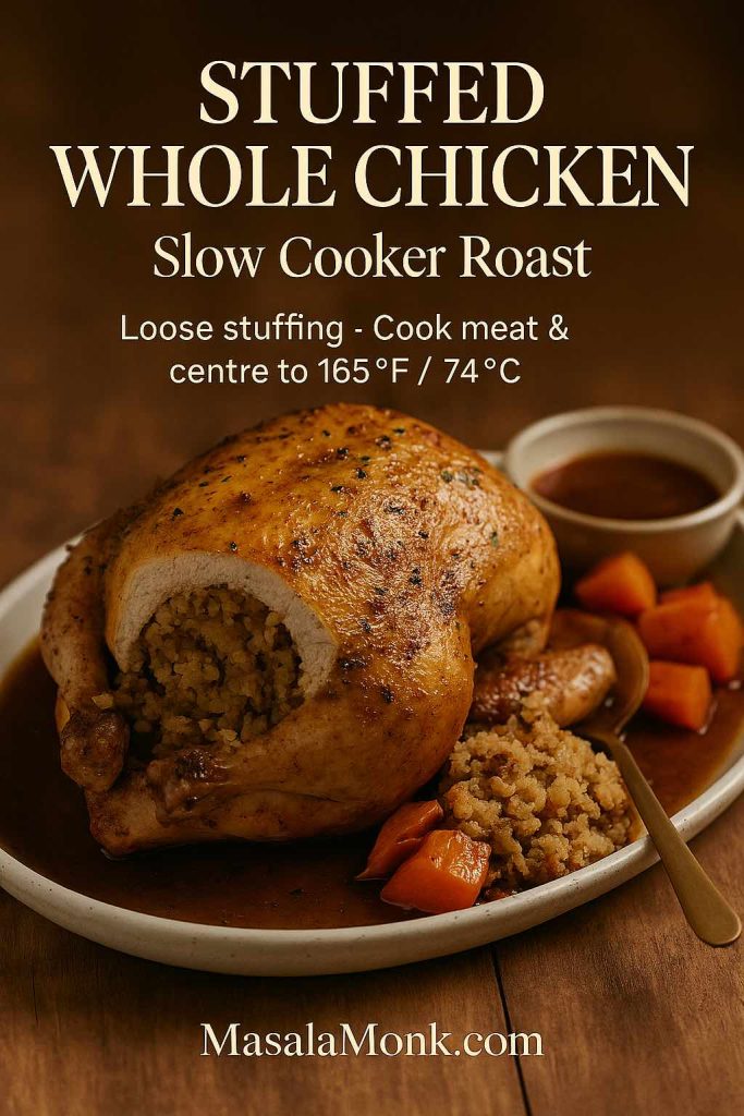 Slow cooker stuffed whole chicken on a platter, sliced open to show loose bread and rice stuffing with carrots and rich juices, illustrating a stuffed crock pot roast chicken.