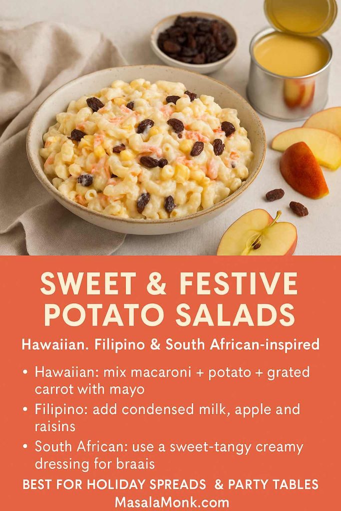 Recipe card showing a creamy sweet potato-macaroni salad with raisins and apple slices, plus tips for Hawaiian, Filipino and South African-inspired potato salads using macaroni, condensed milk, apple, raisins and a sweet-tangy creamy dressing for holiday spreads.
