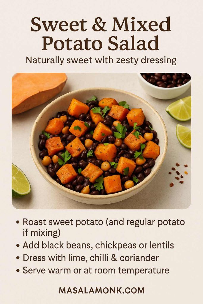 Recipe card titled Sweet & Mixed Potato Salad showing a bowl of roasted sweet and regular potato cubes with black beans and chickpeas, lime wedges on the side and bullet tips to roast the potatoes, add beans or lentils, dress with lime, chilli and coriander and serve warm or at room temperature.