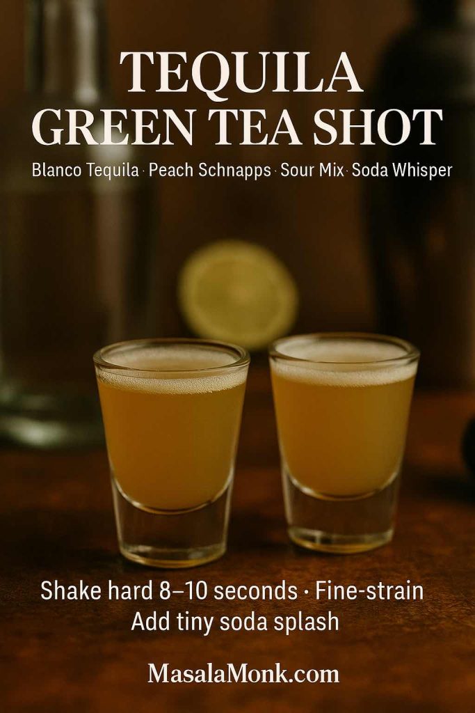 Recipe card of a Tequila Green Tea Shot made with blanco tequila, peach schnapps, and sour mix, finished with a tiny lemon-lime soda splash; elegant bar props and MasalaMonk.com footer
