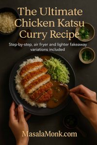 Overhead shot of a plate of chicken katsu curry with sliced crispy chicken, rice, shredded cabbage and curry sauce, with hands holding the dish and spoon, for The Ultimate Chicken Katsu Curry Recipe on MasalaMonk