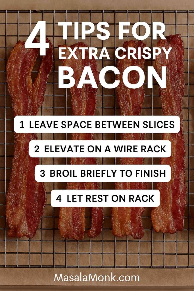 Four tips overlay on bacon on a cooling rack: space slices, elevate on rack, brief broil, rest to set