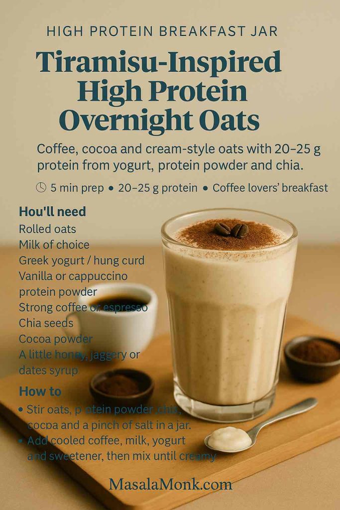 Tiramisu-Inspired High Protein Overnight Oats recipe card showing a jar of coffee-and-cocoa overnight oats with a creamy topping and cocoa dusting, alongside a simple ingredient list and quick how-to for a 20–25 g protein breakfast.