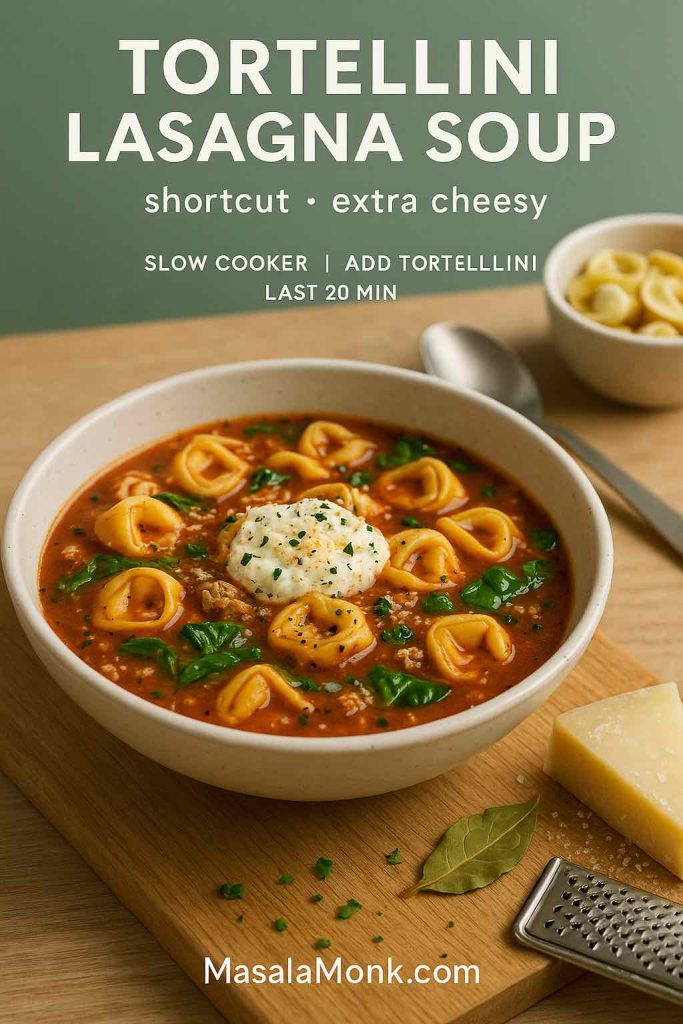 Tortellini lasagna soup in an off-white coupe bowl with tomato broth, cheese tortellini and spinach; parmesan wedge, bay leaf, and grater nearby.