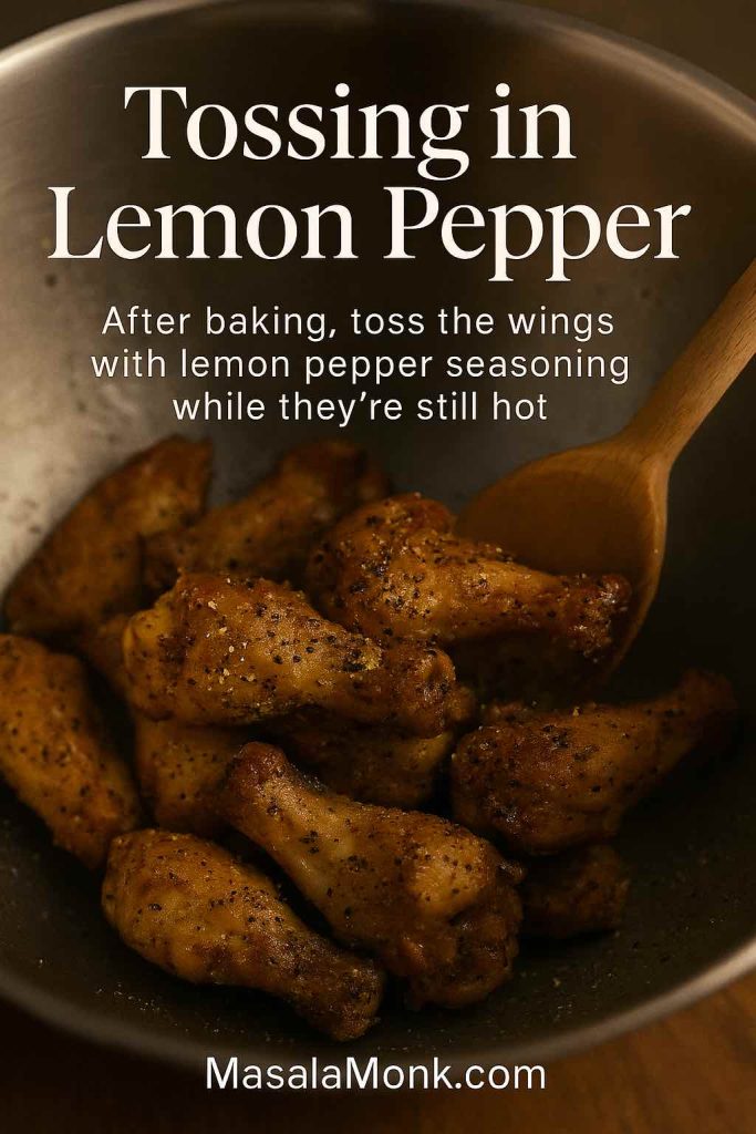Portrait image of freshly baked chicken wings in a metal mixing bowl being tossed with lemon pepper seasoning using a wooden spoon, with text overlay titled Tossing in Lemon Pepper.