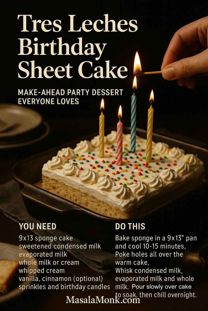 Recipe card for Tres Leches Birthday Sheet Cake showing a 9x13 three-milk cake topped with whipped cream, sprinkles and lit candles while a hand lights one candle, with ingredients and step-by-step instructions written below