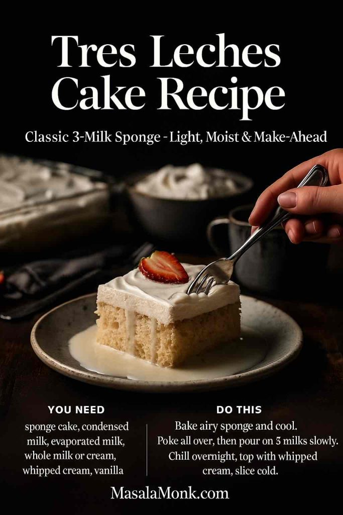 Recipe card showing a slice of classic tres leches cake topped with whipped cream and a strawberry, with a hand holding a fork and overlay text listing ingredients and simple steps for a light, moist 3-milk sponge