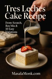 Hand pouring sweet milk over a slice of tres leches cake topped with fresh strawberries on a plate, with the text Tres Leches Cake Recipe – From-Scratch, Box Mix & 10 Easy Variations
