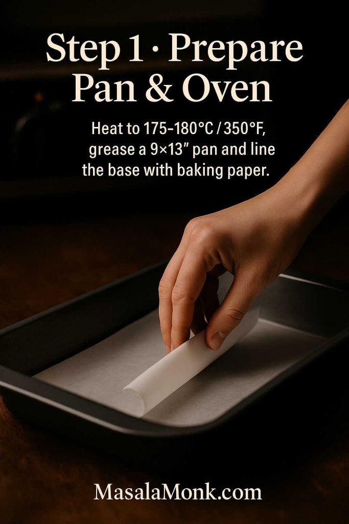 Step 1 photo for a classic tres leches cake recipe showing a hand lining a greased 9x13 inch baking pan with parchment paper beside a preheated oven, with text overlay saying Prepare Pan & Oven