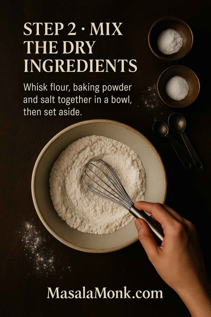 Step 2 photo for a tres leches cake recipe showing a hand whisking flour, baking powder and salt together in a ceramic bowl on a dark kitchen counter with small ingredient bowls and measuring spoons around it