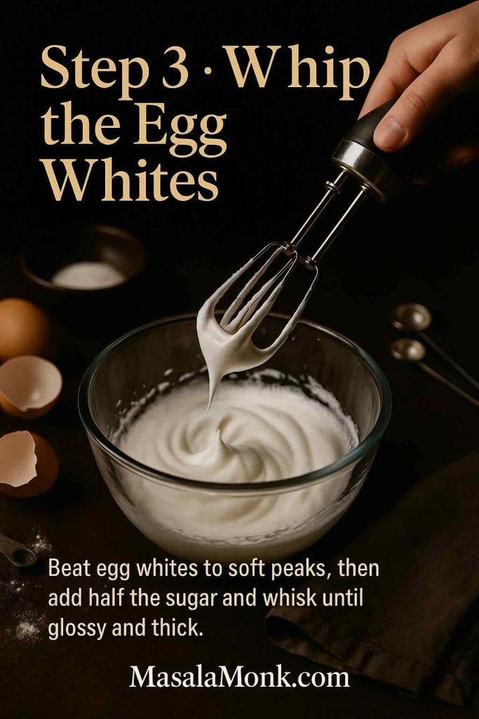 Step 3 photo for a tres leches cake recipe showing a hand lifting a mixer whisk with soft peaks of whipped egg whites over a glass bowl, with eggshells, sugar and measuring spoons on a dark counter