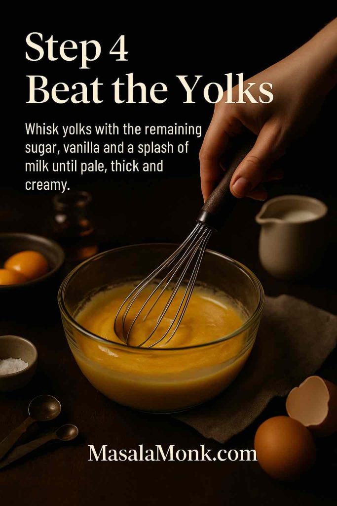 Step 4 photo for a tres leches cake recipe showing a hand whisking egg yolks with sugar, vanilla and milk in a bowl on a dark counter, with text overlay explaining to beat until pale and thick