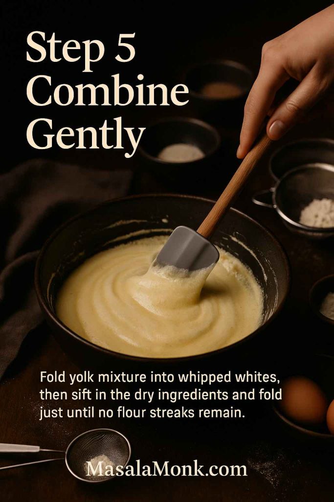 Step 5 – Combine gently: fold the yolk mixture into the whipped whites, then sift in the dry ingredients and fold only until you no longer see flour streaks, keeping the batter light so your tres leches sponge bakes up tall and airy.