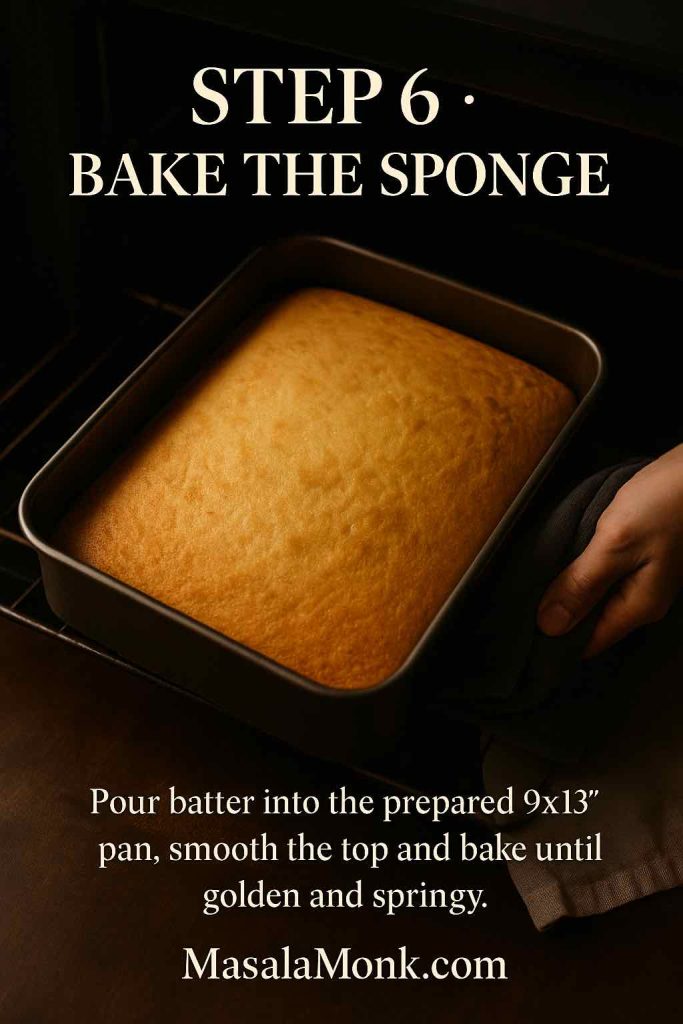 Step 6 photo for a tres leches cake recipe showing a golden sponge cake in a 9x13 inch pan being pulled out of the oven with a cloth, with text overlay saying Bake the Sponge and instructions to bake until golden and springy