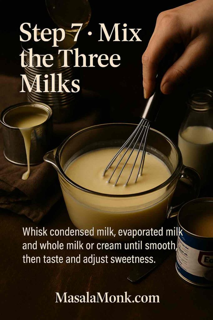 Step 7 photo for a tres leches cake recipe showing a hand whisking a mixture of condensed milk, evaporated milk and whole milk or cream in a glass jug, with open milk cans and a bottle on a dark counter and text saying Mix the Three Milks
