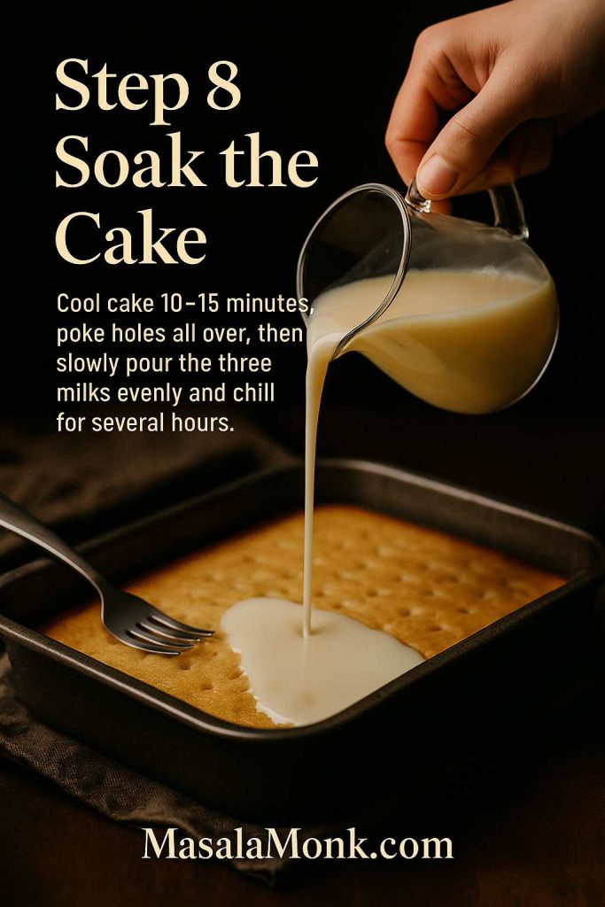 Step 8 photo for a tres leches cake recipe showing a hand pouring a creamy three-milk mixture from a glass jug over a fork-poked sponge cake in a metal pan, with text overlay explaining to cool, poke, pour and chill