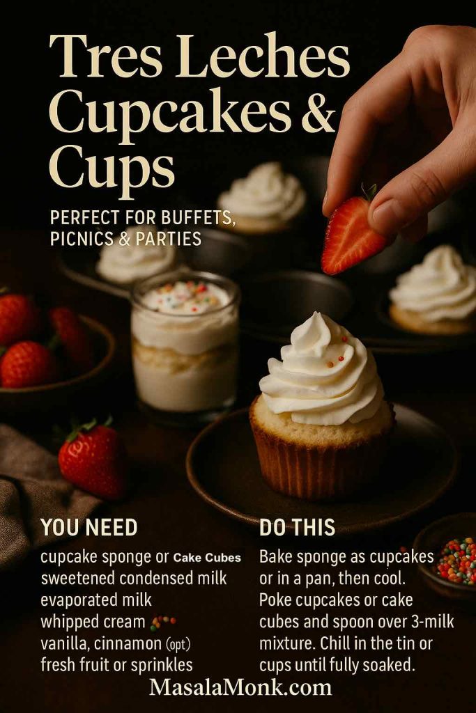 Recipe card for Tres Leches Cupcakes and Cups showing a cupcake topped with whipped cream and a strawberry, glass cups layered with soaked cake and cream, and text listing ingredients and simple party-friendly instructions