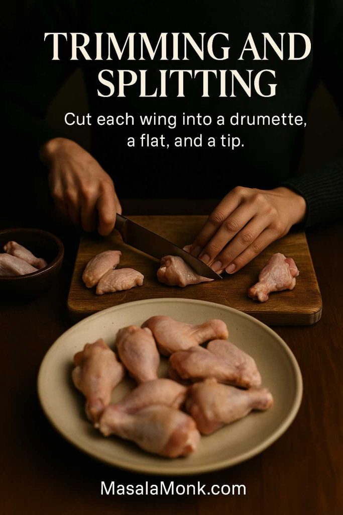 Portrait image showing hands cutting raw chicken wings on a wooden board into drumettes, flats and tips, with text overlay titled Trimming and Splitting.