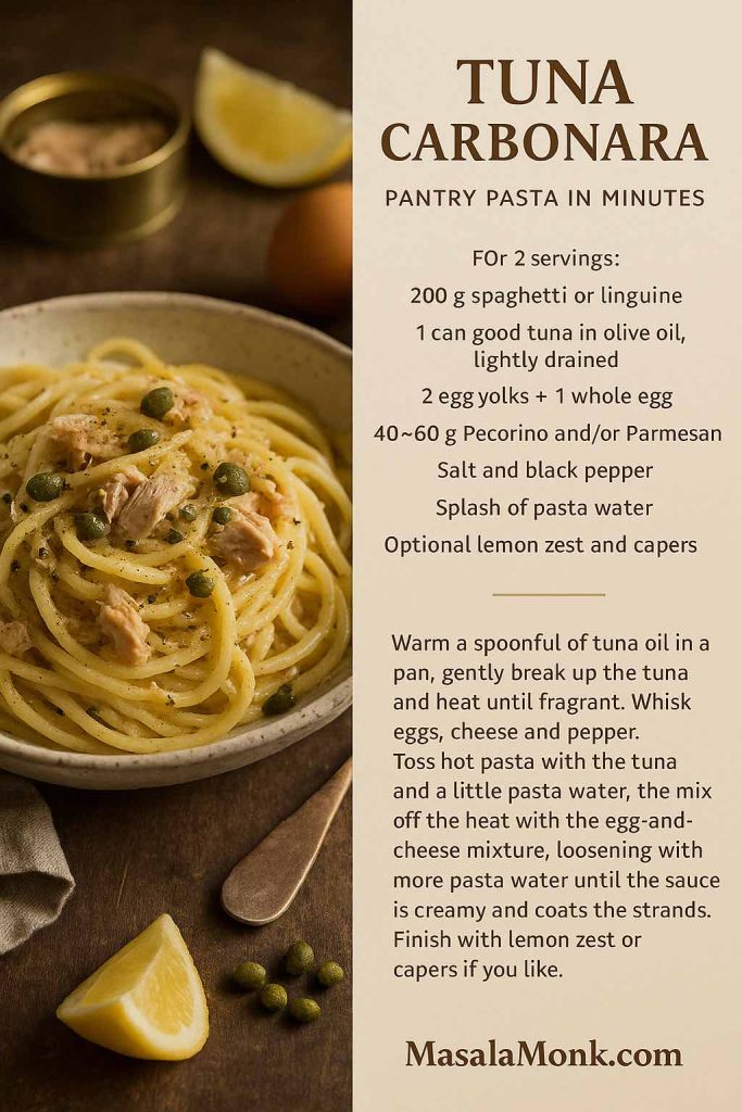 Recipe card showing a bowl of tuna carbonara with creamy spaghetti, flaked tuna, capers and lemon beside ingredients and quick instructions for pantry tuna pasta.