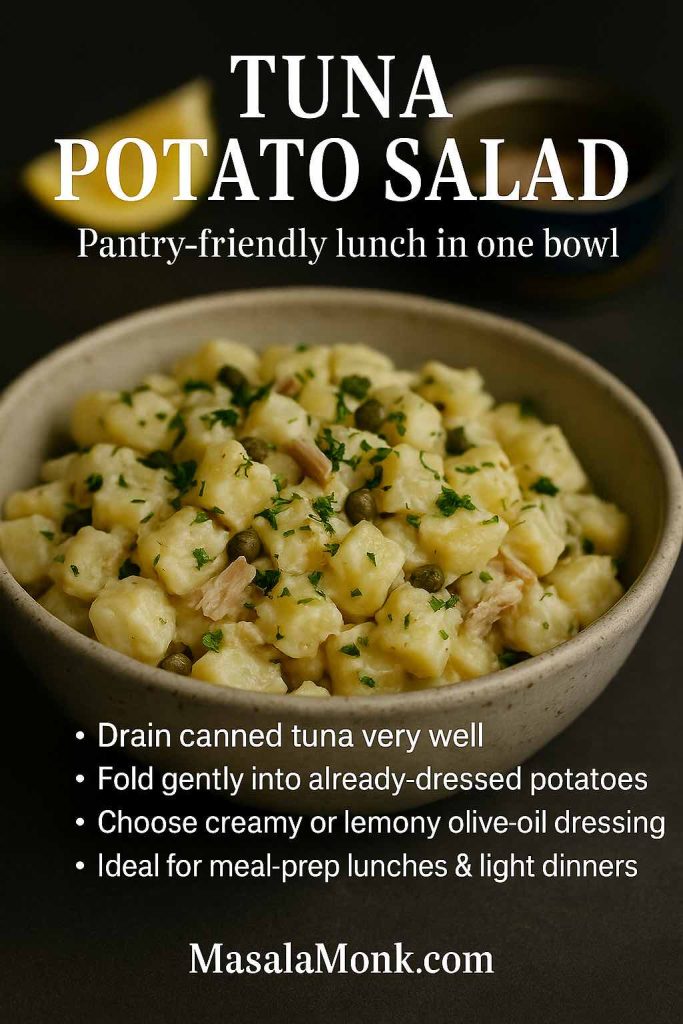 Recipe card showing a rustic bowl of tuna potato salad garnished with parsley and capers, with tips to drain canned tuna well, fold it into already-dressed potatoes and choose either a creamy or lemony olive oil dressing for an easy pantry-friendly lunch.