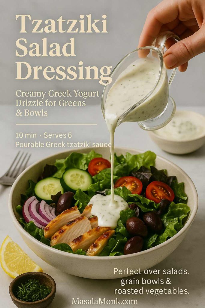 High-resolution photo of tzatziki salad dressing being poured from a glass jug over a colorful Greek salad with lettuce, cucumber, cherry tomatoes, red onion, Kalamata olives and grilled chicken in a beige bowl.