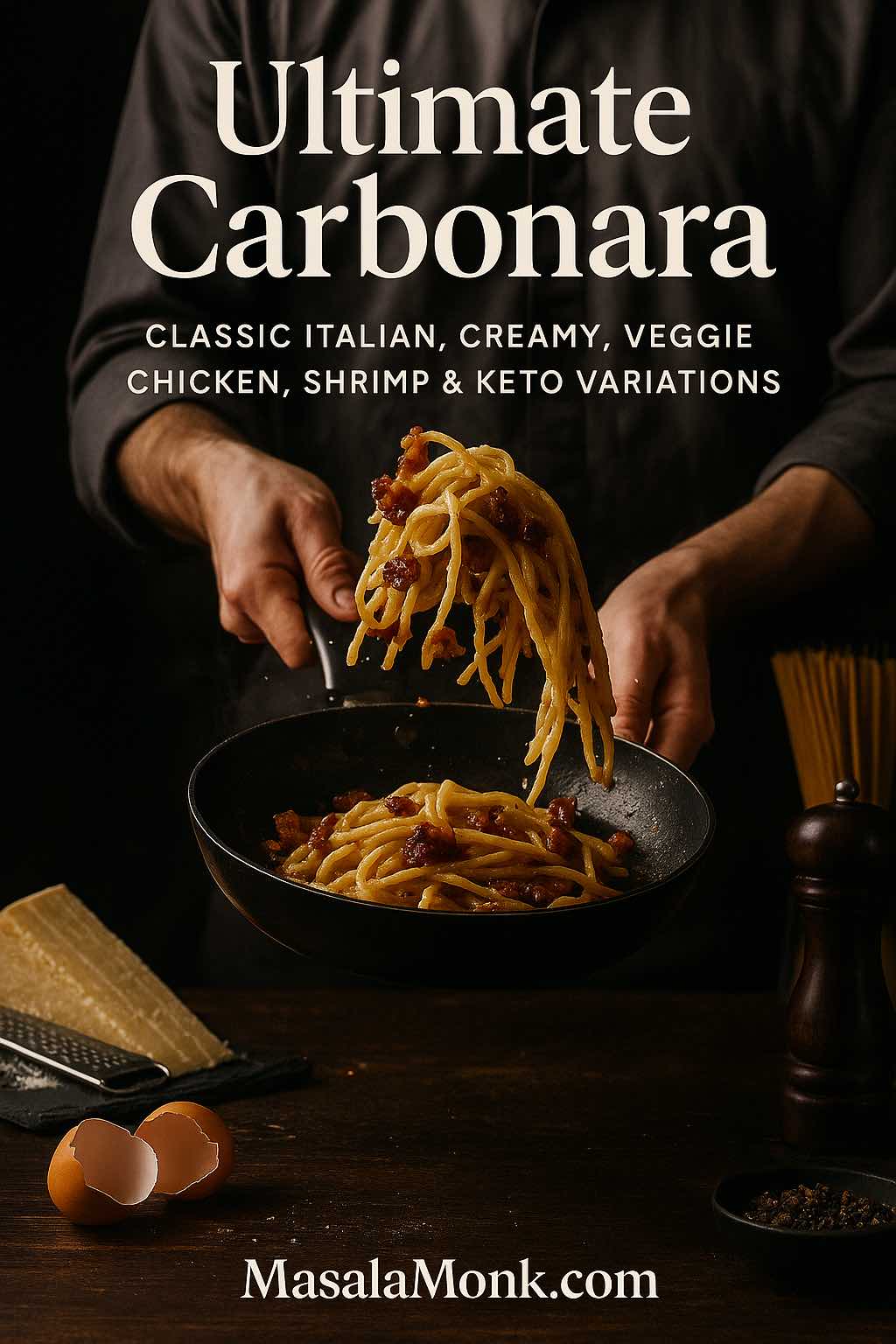 Chef tossing spaghetti alla carbonara in a black pan, glossy pasta with crispy guanciale, steam rising over a dark wooden table with cheese, cracked eggs and pepper mill.