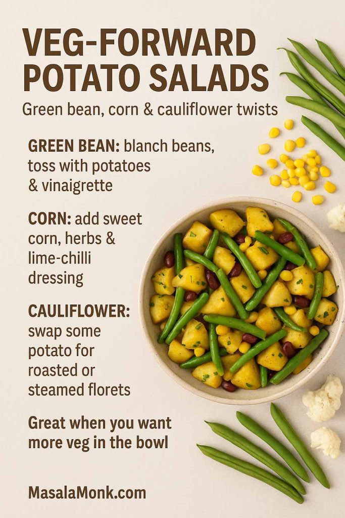 Recipe card titled VEG-FORWARD POTATO SALADS showing a bowl of potato salad with green beans, corn and beans, surrounded by fresh green beans, corn kernels and cauliflower, plus tips for green bean, corn and cauliflower potato salad variations.