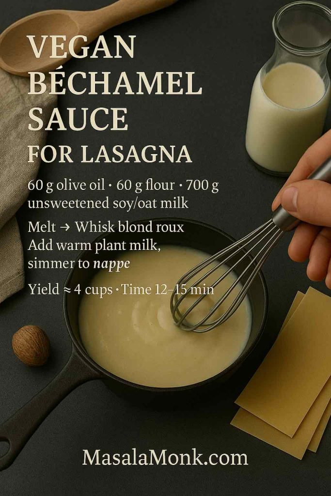 Vegan Béchamel Sauce for Lasagna whisked in a black pan—60 g olive oil, 60 g flour, 700 g unsweetened soy/oat milk—melt oil, whisk blond roux, add warm plant milk, simmer to nappe; yields about 4 cups.
