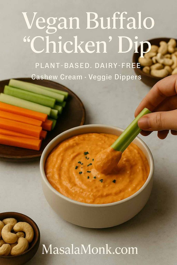 Hand dipping a celery stick into vegan buffalo “chicken” dip made with cashew cream, served with veggie sticks on a light surface.