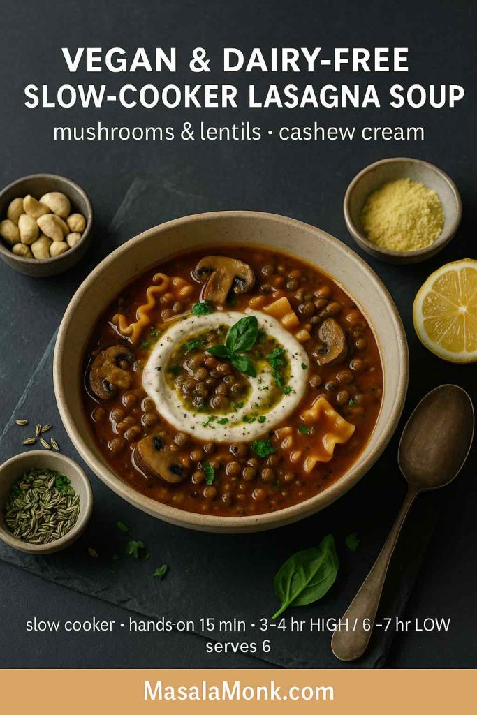 Vegan lasagna soup with mushrooms and lentils in a rustic bowl, tomato broth, ruffled noodles, cashew-cream swirl and herb oil; lemon and cashews nearby.