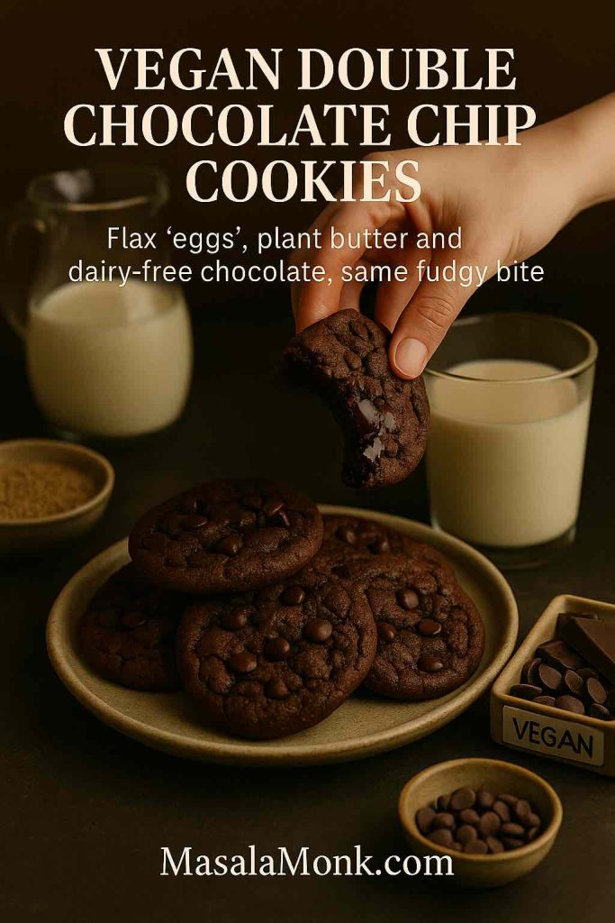 Hand dipping a fudgy vegan double chocolate chip cookie into a glass of plant milk, with more cookies on a plate and bowls of dairy-free chocolate chips and flaxseed around it.