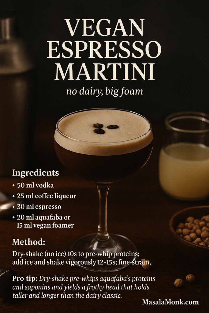 Recipe card: Vegan Espresso Martini—vodka, coffee liqueur, espresso, aquafaba; dry-shake, then ice-shake; tall glossy foam with three coffee beans.