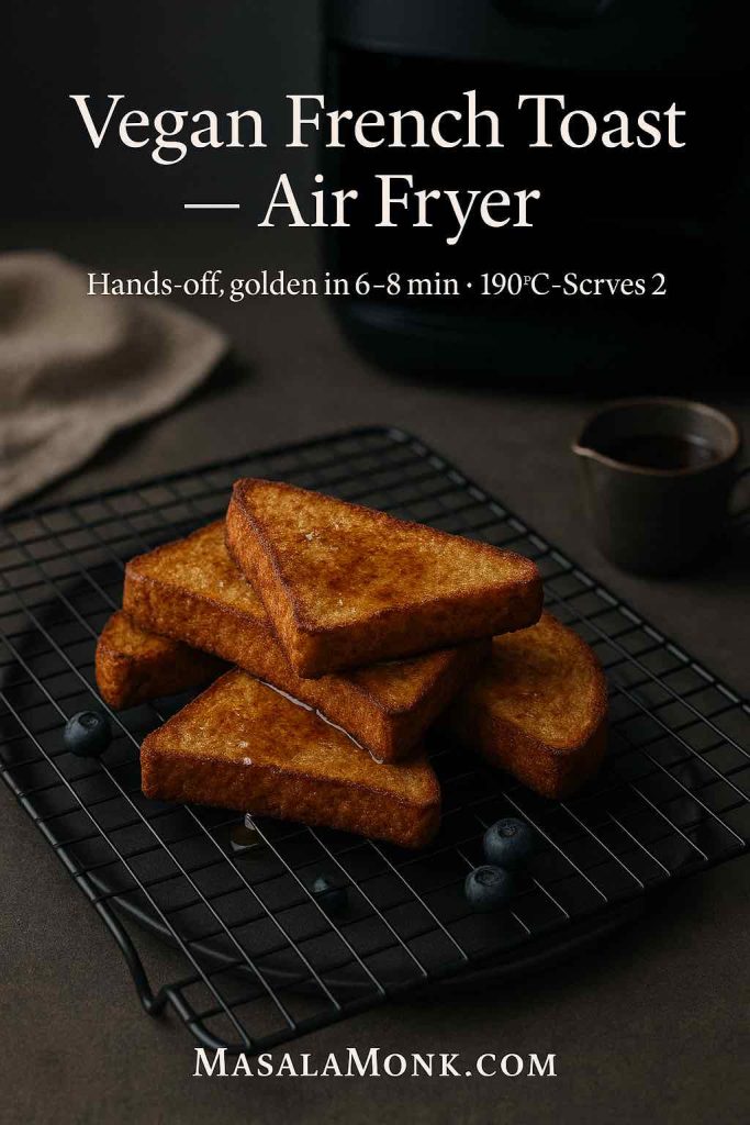Two slices of vegan french toast from the air fryer on a wire rack over a tray, maple drizzle and linen.