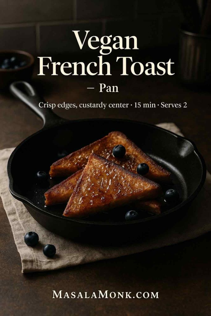 Crisp vegan french toast in a pan with berries, brushed steel knife and linen napkin in a classy, moody kitchen setting.