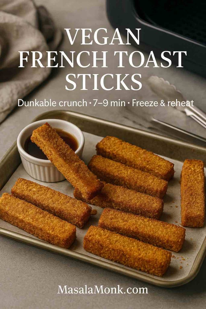 Air-fried vegan french toast sticks with light cornflake crunch cooling on a tray, tongs and linen beside a maple ramekin.