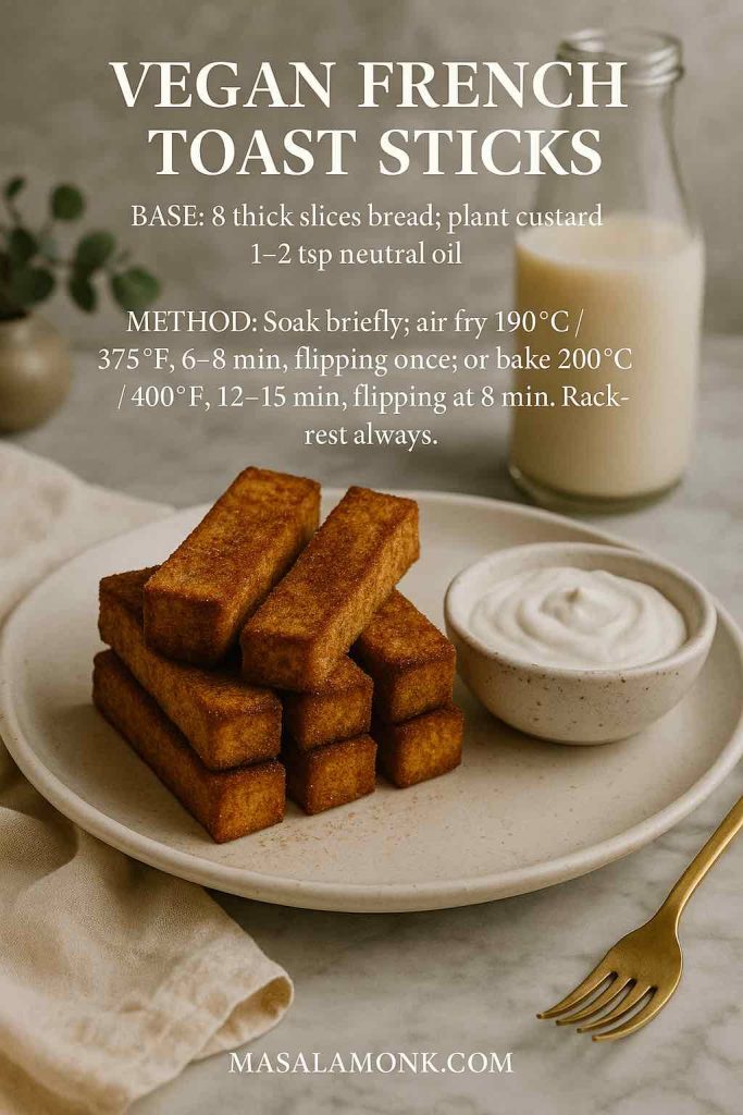 Vegan French toast sticks stacked on a stoneware plate with coconut yogurt and an almond-milk bottle—golden, crisp; MasalaMonk recipe card.