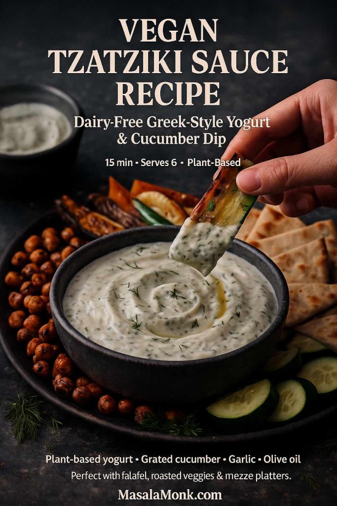 Close-up of a bowl of vegan tzatziki sauce made with plant-based yogurt, grated cucumber, garlic, lemon, dill and olive oil, with a hand dipping a roasted zucchini slice into the creamy dip, surrounded by roasted chickpeas, pita wedges and cucumber on a dark mezze platter.