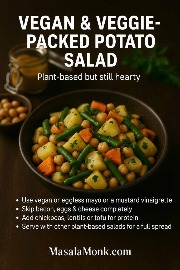 Recipe card showing a bowl of vegan potato salad with potatoes, green beans, chickpeas and carrots, plus tips to use vegan or eggless mayo or a mustard vinaigrette, skip bacon, eggs and cheese, add chickpeas or lentils for protein and serve with other plant-based salads.