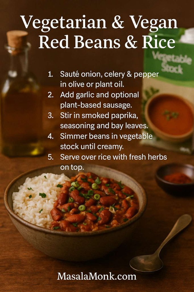 Recipe card showing a bowl of vegetarian red beans and rice with olive oil and vegetable stock in the background and step-by-step meatless red beans and rice instructions.