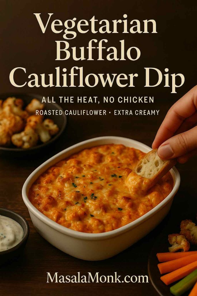Hand dipping crusty bread into vegetarian buffalo cauliflower dip with roasted cauliflower and veggie sticks on a wooden table.